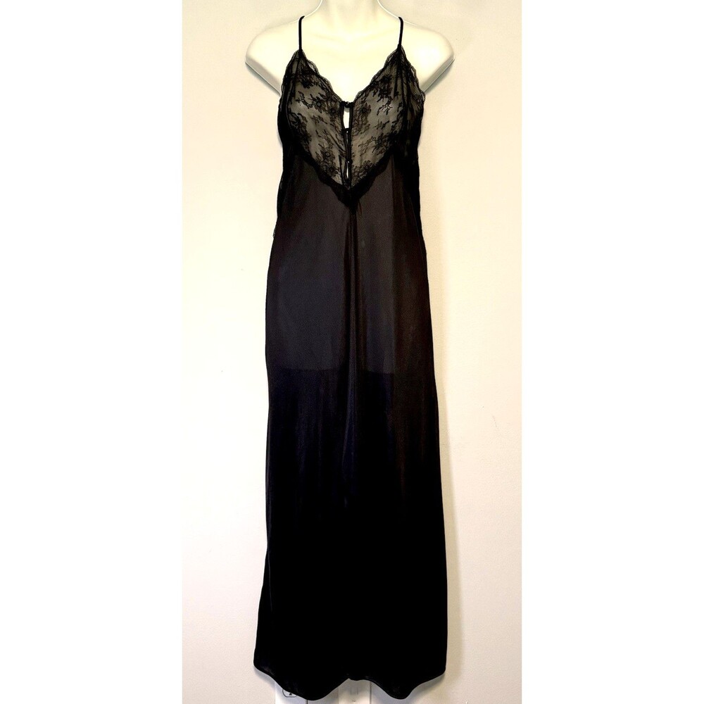 Vintage 70s Spotlight Negligee Slip Dress Gown Sz S Black Satin Lace